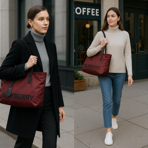 Burberry Handbags - $1050 BURBERRY Small Burgundy ECONYL Logo Nylon Tote Shoulder Bag brand NWT